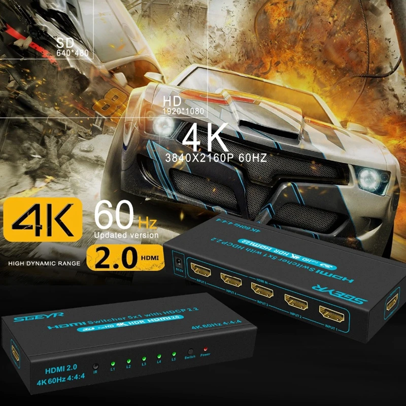 5x1 HDMI переключатель 2,0 4K HDMI адаптер переключатель 5 портов HDR ИК пульт HDMI коммутатор 2,0 HDCP 2,2, Full HD/3D/PS4/DVD/Xbox/проектор
