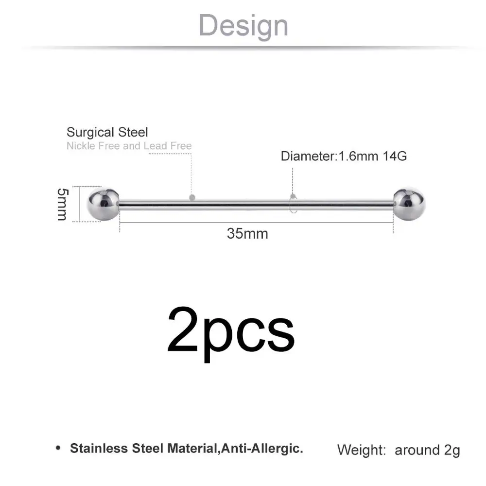 Ball-1.6mm 35mm 5mm 1 пара 14G Нержавеющая сталь Промышленные штангой серьги, Надеваемые На ушной хрящ длинные прямые волосы Бар пирсинг для уха Кольца Спирали Тела штангой ювелирные изделия - Окраска металла: Ball-1.6mm 35mm 5mm