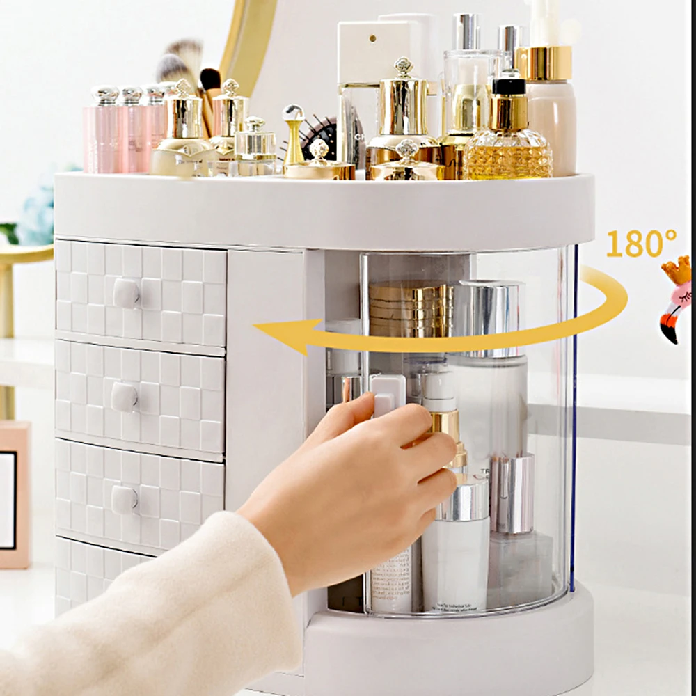 

Hot New 4 Tiers Makeup Organizer Acrylic Storage Rack Ivory White Cosmetic Organizer with Drawer Rotation Make Up Organizer