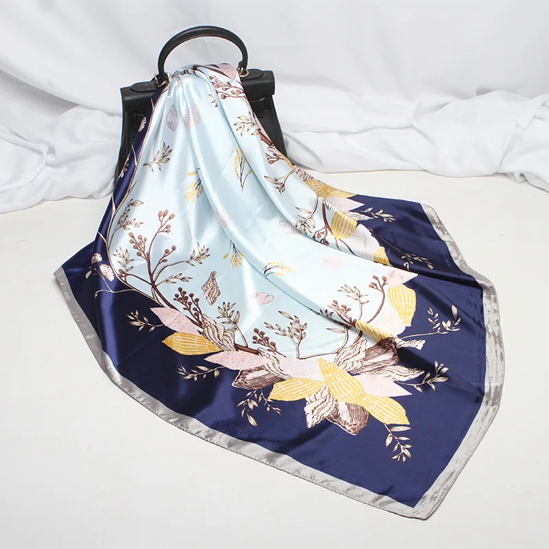 Silk Scarf 90*90cm Women Fashion Designer Beautiful Flowers Foulard Soft Satin Shawl Scarfs Kerchief  Square Neck Headscarf