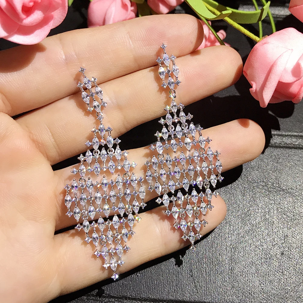 

Elegant Cubic Zirconia Dangle Earrings For Bridal Gold Color Micro Paved Carystal Romantic Dangle Earrings
