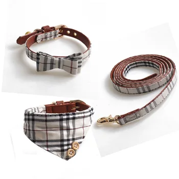 

Amigo Amazon Hot Selling Pet Collar Set Beige England Bow Triangular Binder Collar Medium-small Dogs and Cats