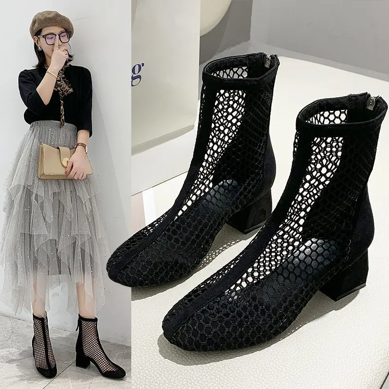 

2020 summer new wild sandals hollow women's shoes thick heel back zipper square head Roman high heel sandals Z938