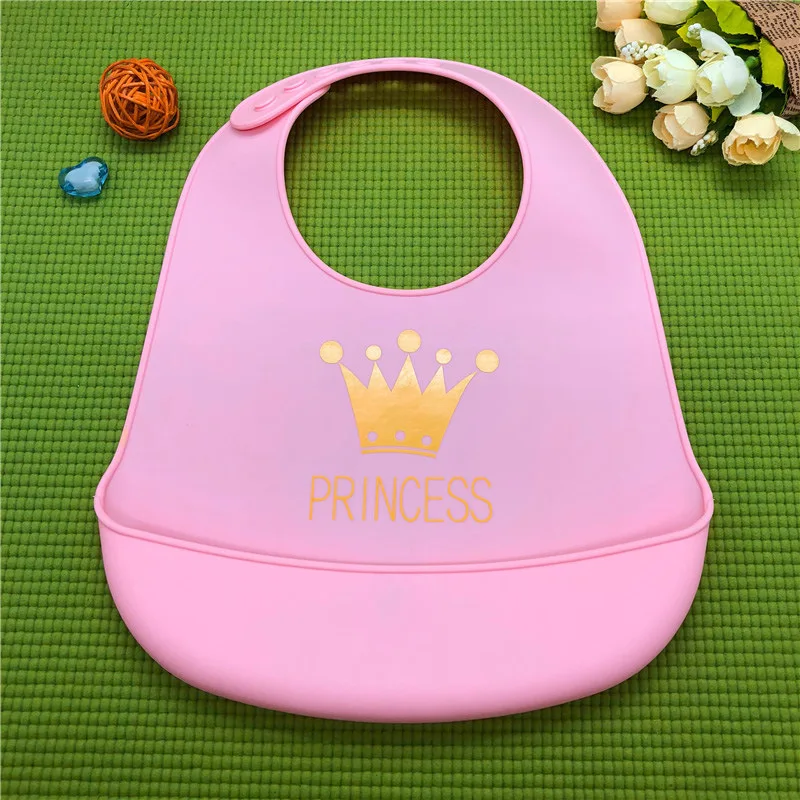 Pink princess crown Мягкий силиконовый детский нагрудник с мультяшным принтом, водонепроницаемый, с длинными кнопками, регулируемый карман, детские нагрудники для девочек и мальчиков, Детский фартук для кормления - Цвет: Pink princess crown