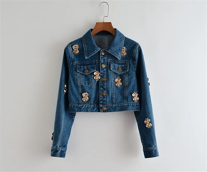 Jacket Модные золотые деньги аппликации женские синие джинсовые куртки пальто для подиума однобортный укороченный джинсовый жакет пальто - Цвет: Jacket