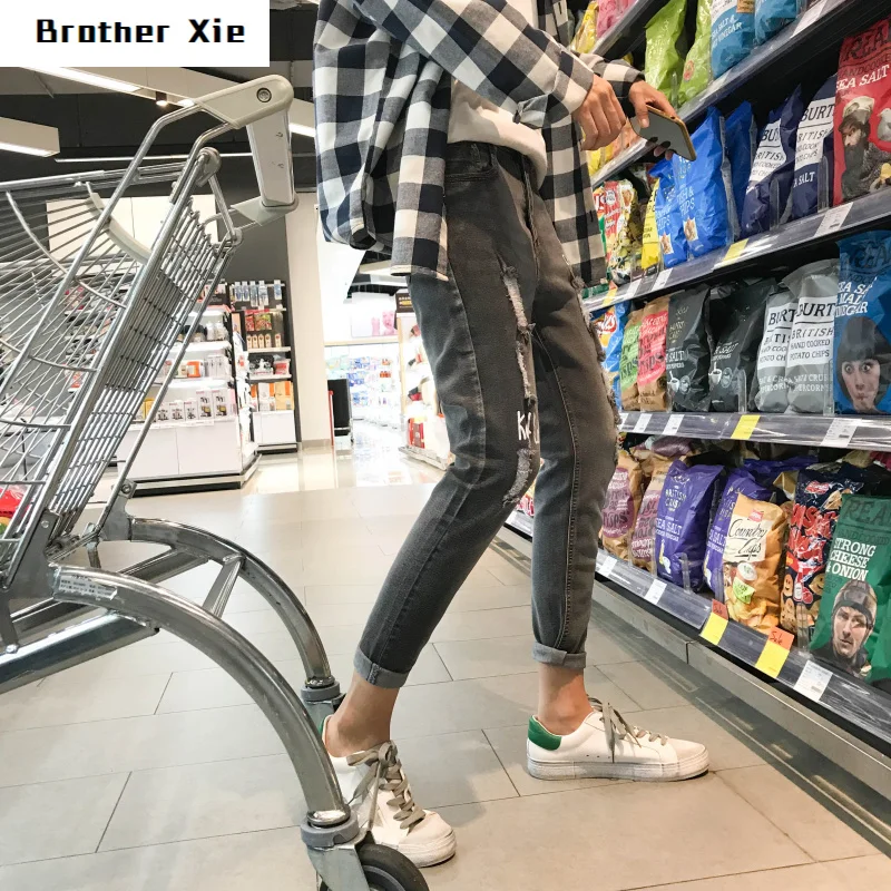 

Autumn Jeans Men's Slim Fashion Washed Letters Printed Casual Denim Trousers Man Streetwear Hip Hop Hole Jeans Pants Male