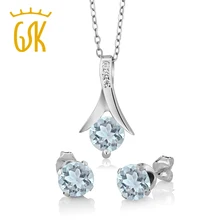 GemStoneKing набор ювелирных изделий из твердого 925 пробы серебра 2,25 карат Круглый Аквамарин женский кулон и серьги набор