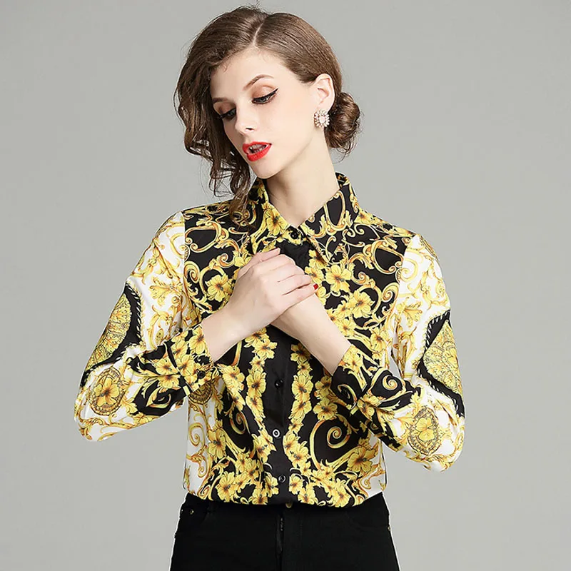Женская осенне-зимняя винтажная блуза с длинными рукавами, с золотым отложным воротником, дизайн, подиумная рубашка, офисный женский темперамент, элегантный топ - Цвет: Золотой