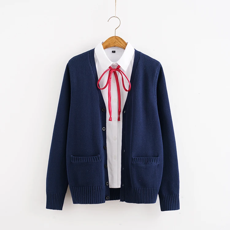 Only Dark Blue Coat Японский JK Униформа кардиган свитер сплошной цвет осень зима для девочек утепленное пальто с длинным рукавом Свободные вязаные топы в студенческом стиле - Цвет: Only Dark Blue Coat