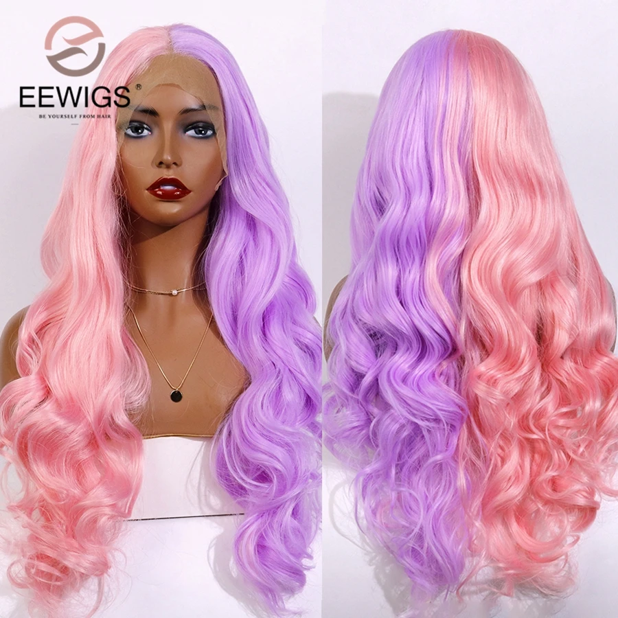 

EEWIGS Middle Part Long Wavy Lace Front Wig Heat Resistant Half Pink Synthetic Peach Lace Front Wigs for Black Women Glueless