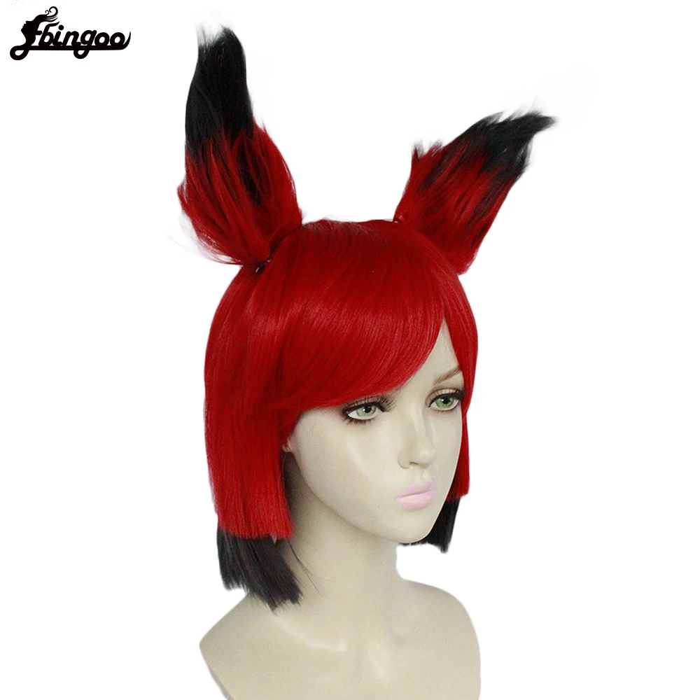 

Ebingoo High Temperature Fiber Short Red Ombre Black Straight Synthetic Cosplay Wig with Bangs and Ears for Women Costume Party