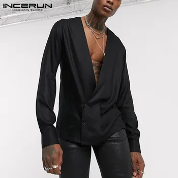 

INCERUN New Fashion Men Shirt Double Breasted Deep V Neck Loose Casual Sexy Blouse 2020 High Street Long Sleeve Solid Shirts Men