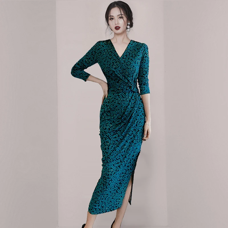 

Женское офисное платье, Осень-зима, новое модное элегантное женственное приталенное платье во французском ретро-стиле с цветочным принтом, ...