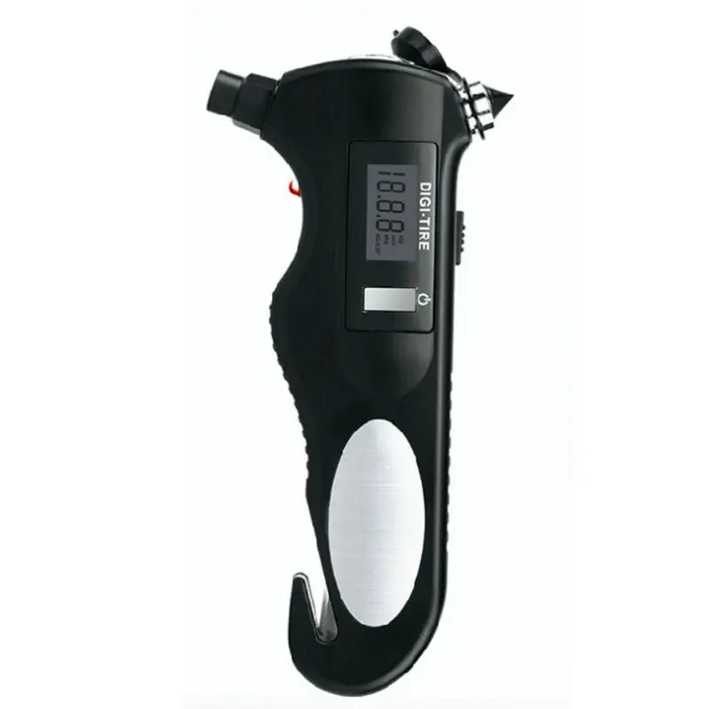 

4 in 1 Digital Tire Pressure Gauge with LED Flashlight Safety Glass Hammer Seatbelt Cutter Multifunctional Tool for Motorcyc