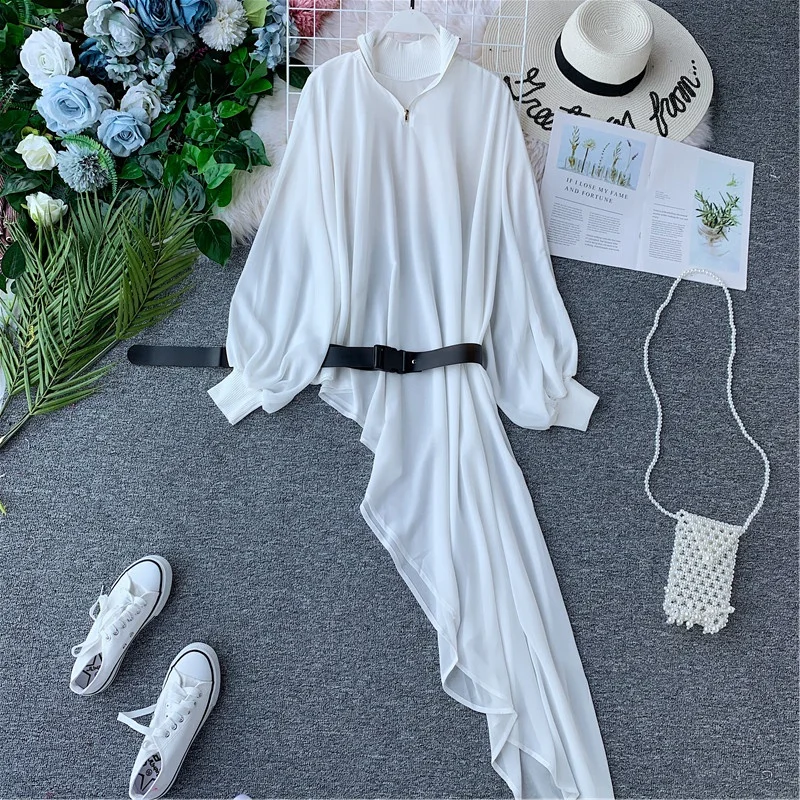 ALPHALMODA резортная блузка-толстовка с асимметричным подолом и длинными рукавами-фонариками, на молнии, с воротником, свободные модные блузки, топ с поясом - Цвет: Белый