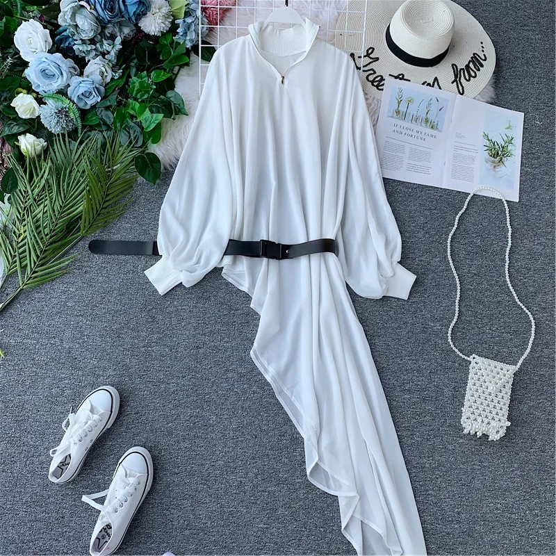 Белый ALPHALMODA резортная блузка-толстовка с асимметричным подолом и длинными рукавами-фонариками, на молнии, с воротником, свободные модные блузки, топ с поясом - Цвет: Белый
