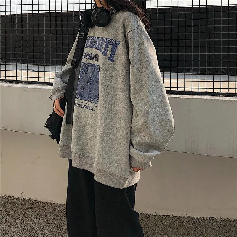 Jersey de cuello redondo para mujer, ropa holgada Coreana de gran tamaño, sudadera Vintage Harajuku, sudadera coreana 2021