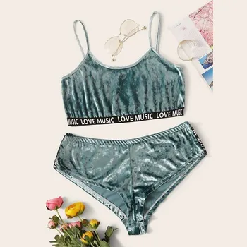 

Women's Velvet Lace Underwear Two-piece Fashion Sexy High Waist Strap Bra Panty Lingerie Suit