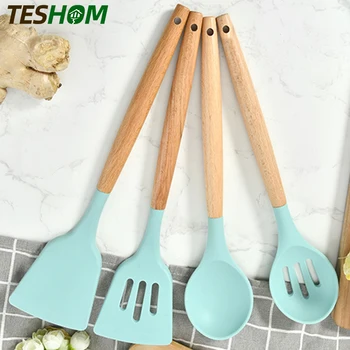 

1PC Green Premium Silicone Kitchen Utensils Cooking Tools Wooden Handle Turner Tongs Spatula Soup Spoon Shovel Tray