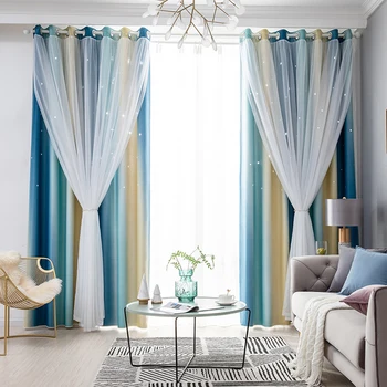 

Hollow-Out Star Curtain 2 Layer Gradient Full Shading Polyester Fiber Window Blackout Drape for Bedroom Living Room