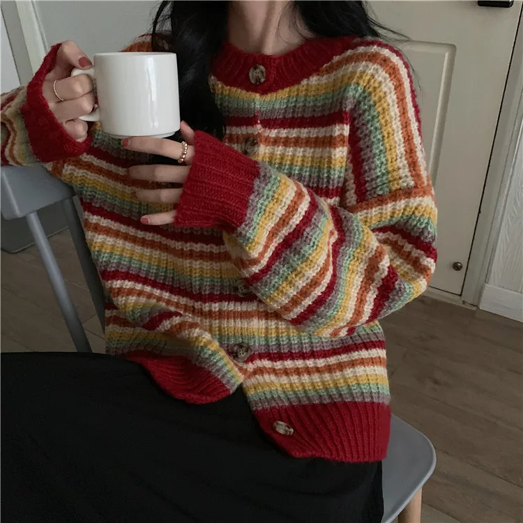GRUIICEEN Rainbow Striped Fashion Woman Sweater Fall Winter Single Breasted Loose Cardigans