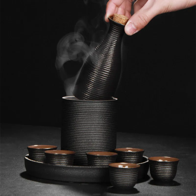 Ceramic Black Pottery Wine Set Small Wine Cup Divider Glass Japanese Sake Set
