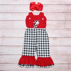 Vêtements d'automne pour filles, bretelles sans manches rouges, jambes de pantalon imprimées à carreaux noirs, nœud rouge, cloche jaune, broderie de vache, barboteuse pour bébé en bas âge 