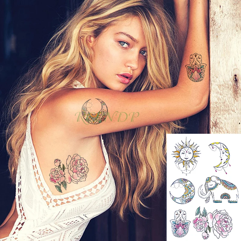 Waterproof Temporary Tattoo Sticker Moon Sun Elephant rose Flower fake tatto flash tatoo tatouage temporaire for girl women Men | Красота и