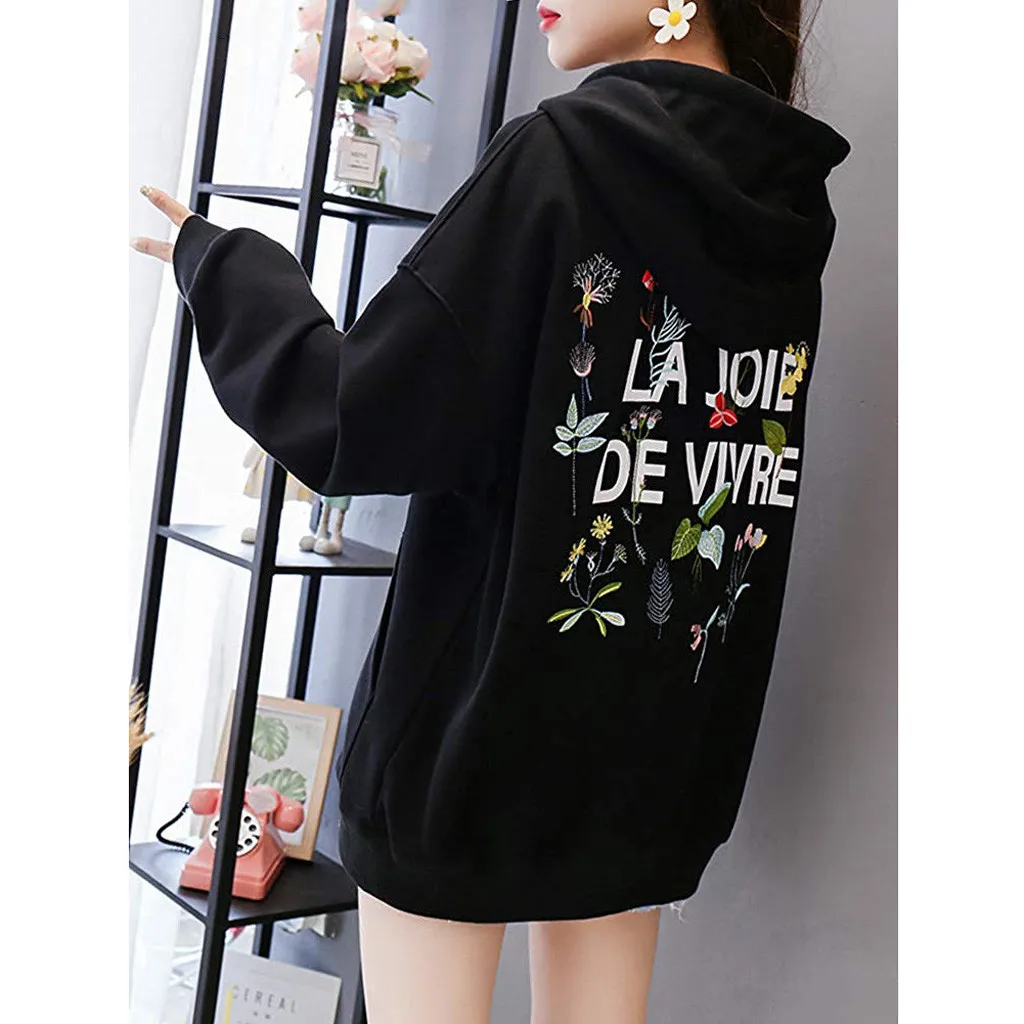 BK Women Back Print Pocket Long Sleeve Hoodies Sweatshirt Pullover Shirt Top Jumper Hoodies Sweatshirt Women Poleron Mujer C30817 - Цвет: BK