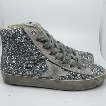 

The New Silver High-top Sequined Leather Stars Small Dirty Shoes Increase Graffiti Korean women's men's boots shoes