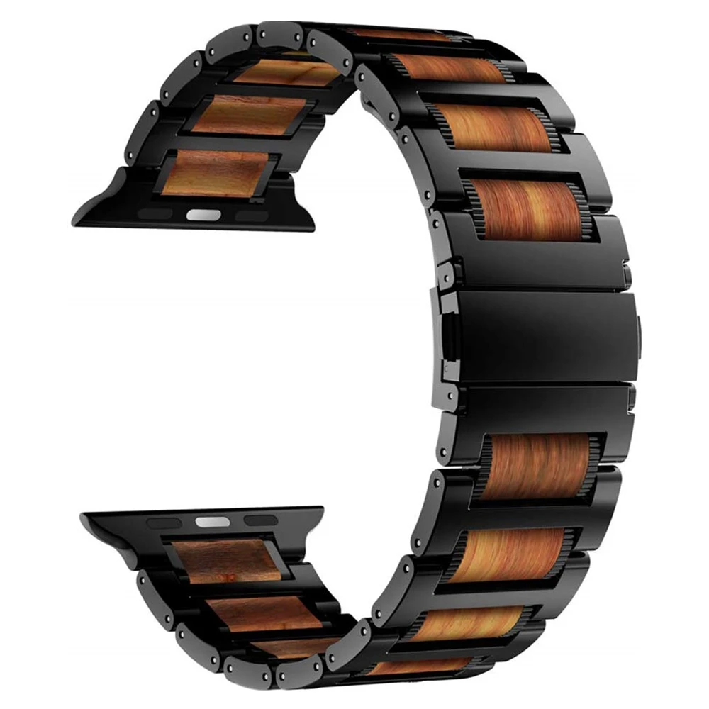 black Подходит для Apple Watch 5 ремешок 44 мм 40 мм нержавеющая сталь натуральный деревянный красный сандаловое дерево ремешок для iwatch 4 3 2 браслет - Цвет ремешка: black