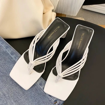 

2020 Summer Women Sandals Slides Square Clip Toe Narrow Band Design Slip On Slippers Mules Hollow Comfortable Beach Shoes Woman