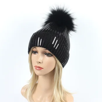 

Women hat New dyed raccoon hair ball sequins knit hat female autumn and winter outdoor warm curling wool hat Skullies & Beanies
