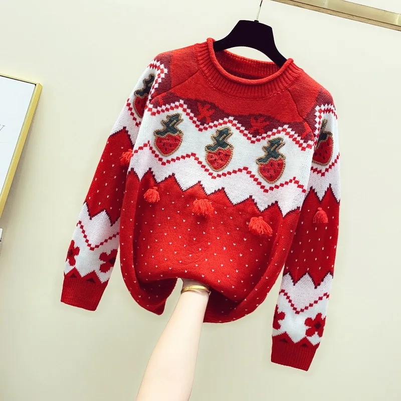 

Christmas Sweater Embroidered Strawberry Tassel Loose Sweater Jersey Mujer Turtleneck Sweaters Pullovers Girls Ladies