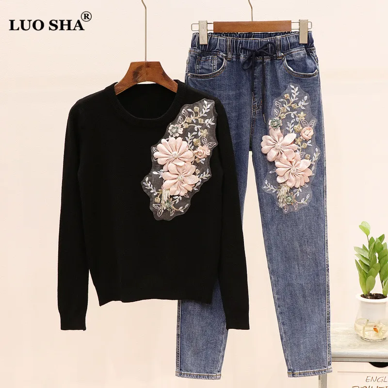 

LUOSHA Two Piece Set Women Autumn New Knitted 3D Flower Pullover Sweater And Denim Pants Sets 2 Piece Tracksuit Women Outfit
