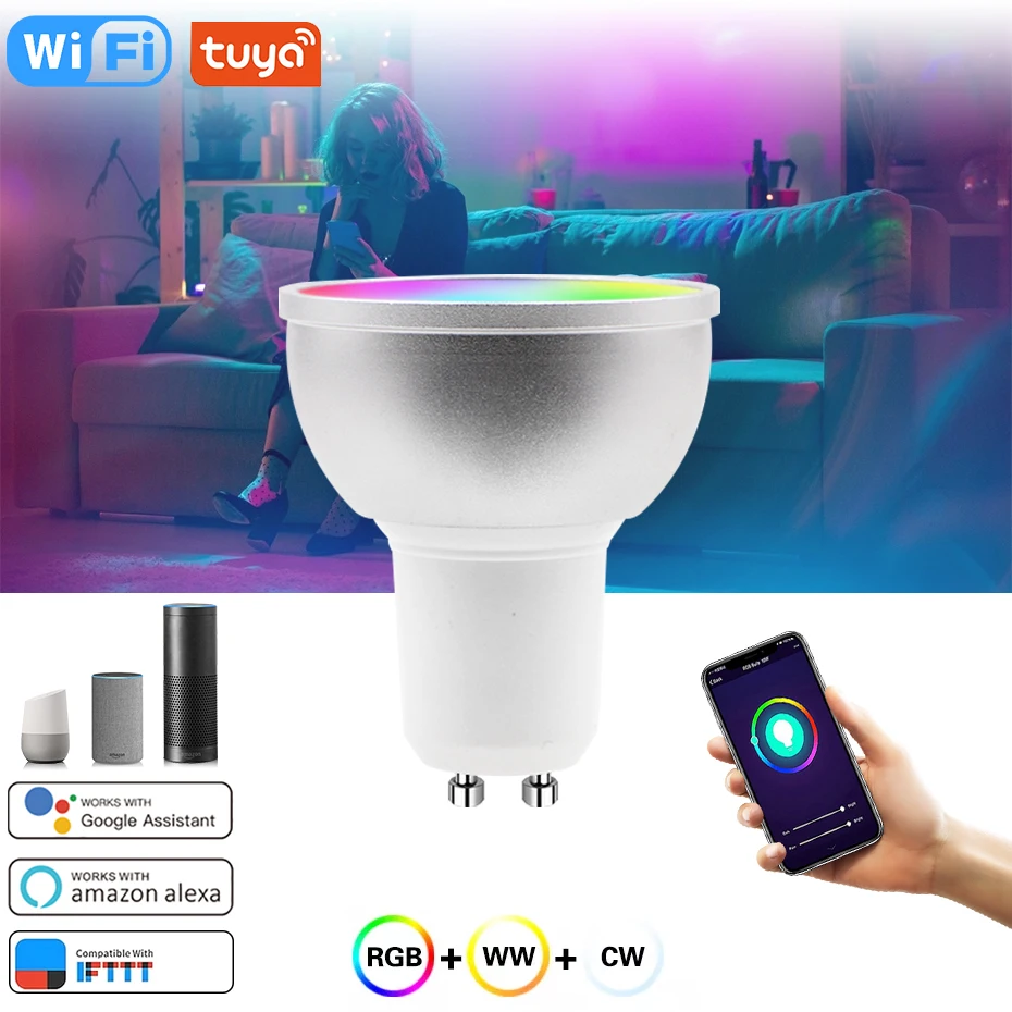 Умная Светодиодная лампа GU10 с поддержкой Wi-Fi 5 Вт RGB + CW WW волшебная регулируемой