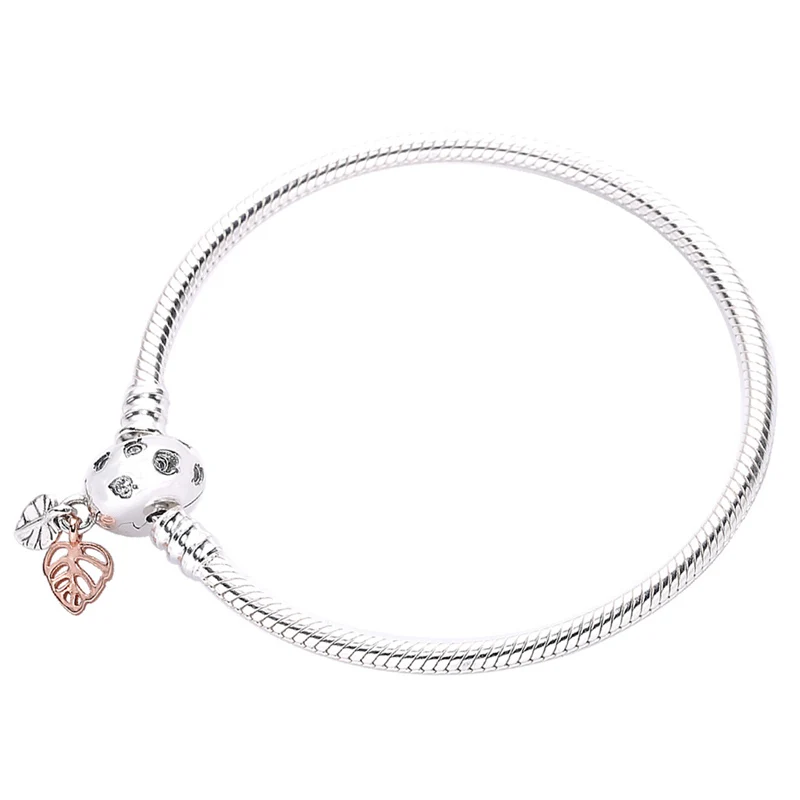 

New 925 Sterling Silver Bracelet Rose Gold Moments Leaves Clasp Snake Chain Bracelet Bangle Fit Bead Charm Diy Europe Jewelry