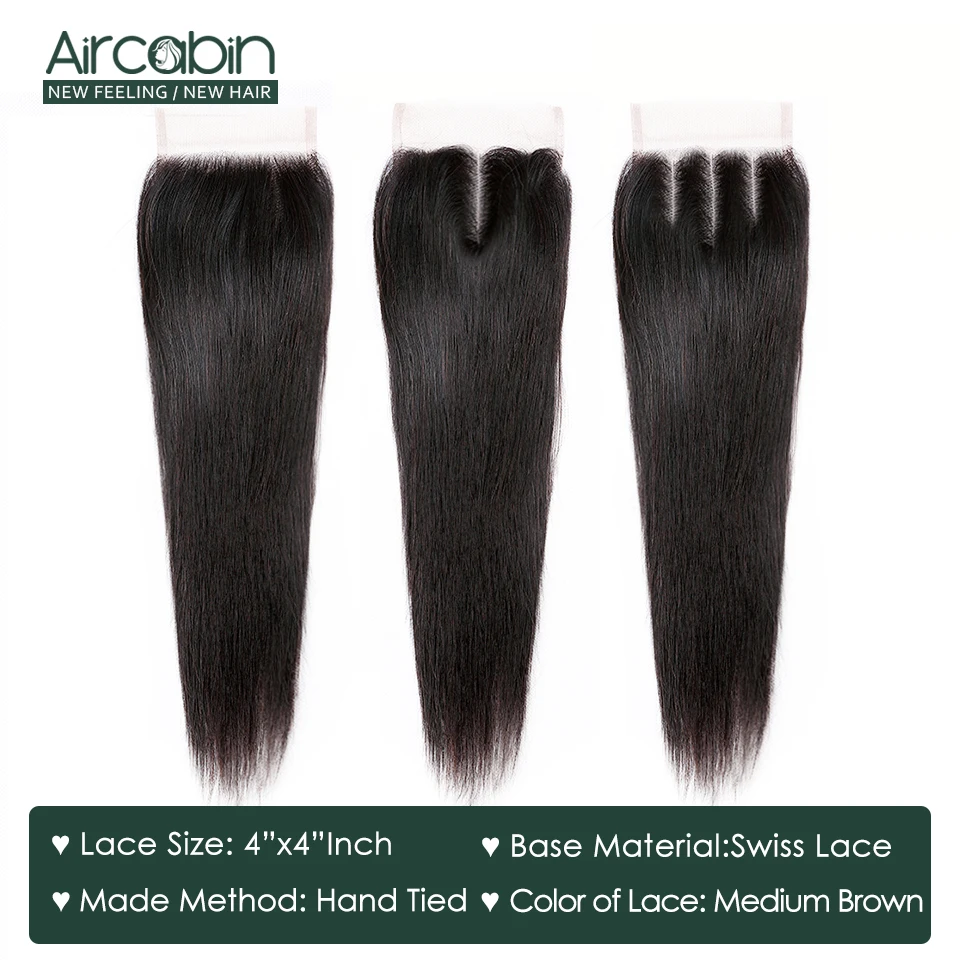 Aircabin Straight Hair Bundles With Closure Brazilian Remy Human Hair Weave Natural Color Bundle Medium Brown Swiss Lace Closure