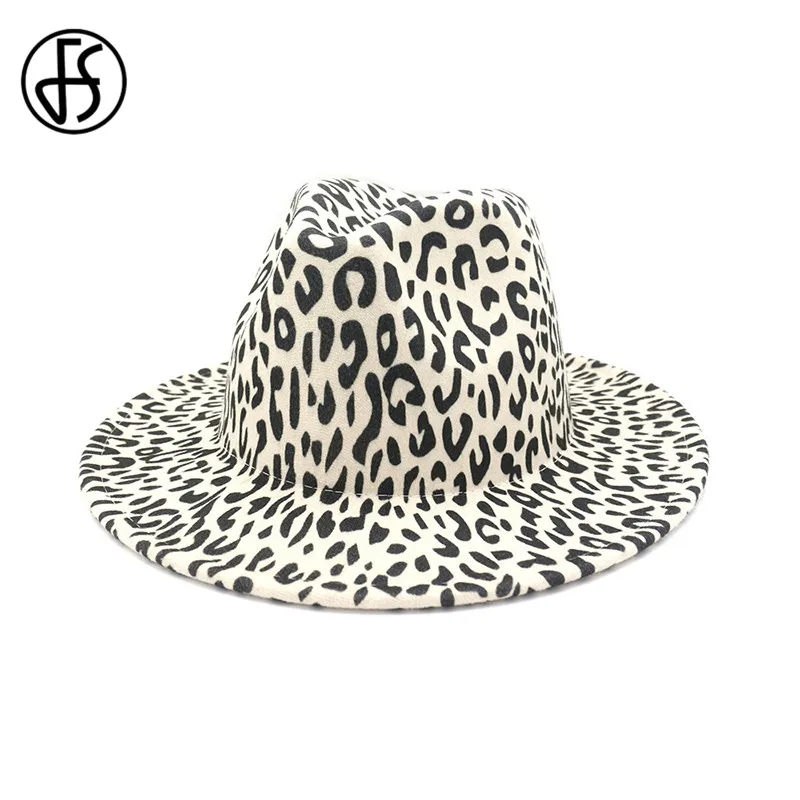 

FS Leopard Print Fedora Hats Men Women Beige White Wool Hat Wide Brim Trilby Panama Party Casual Felt Jazz Hat