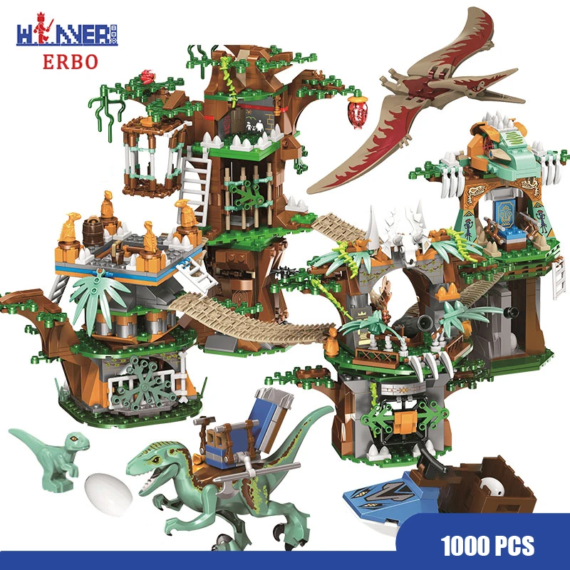 ERBO 1000pcs Jurassic World Dinosaur Tree House Building Blocks Park Figures Bricks sets Toys For Children gifts |