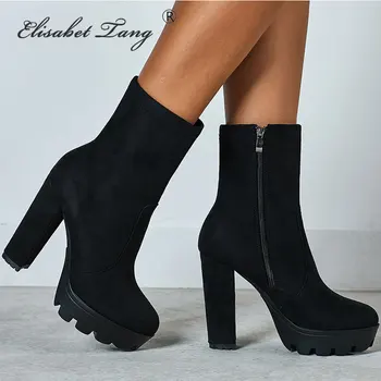 

Elisabet Tang Square Heels Round Toe Platform Shoes Woman Solid Black Ladies Autumn Winter Ankle Boots Plus Size 42 Female Shoes