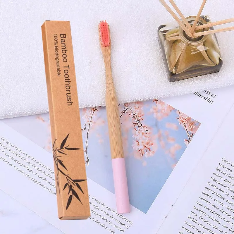 Pink Бамбуковая зубная щетка дерево натуральный бамбук ручка круглая ручка мягкая щетина для волос отбеливание Радуга бамбуковая зубная щетка - Цвет: Pink