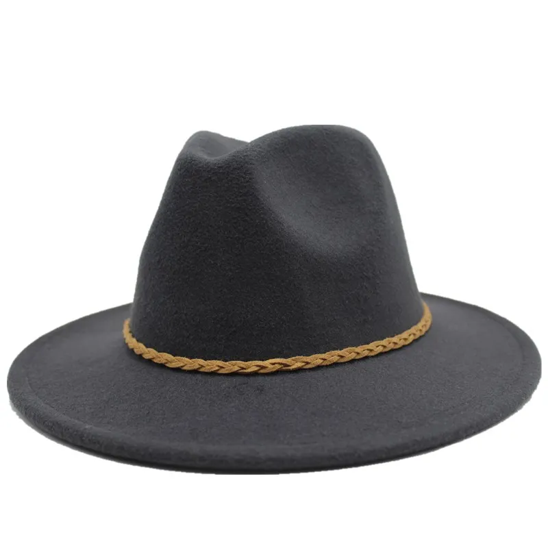 Seioum шерстяная шляпа Fedora с лентой джентльмен элегантный Леди Зима Осень широкий джазования с полями церкви Панама сомбреро - Цвет: Dark gray