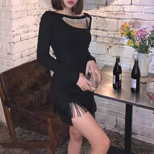 

Whatiwear 2022 Spring Hollow Out Sexy Elegant Tassel Mini Party Dress Woman Clubwear Bodycon Skinny Stretchy Prom Vestido Female