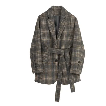 

Autumn and winter women's coat casual plaid belt decoration loose coat