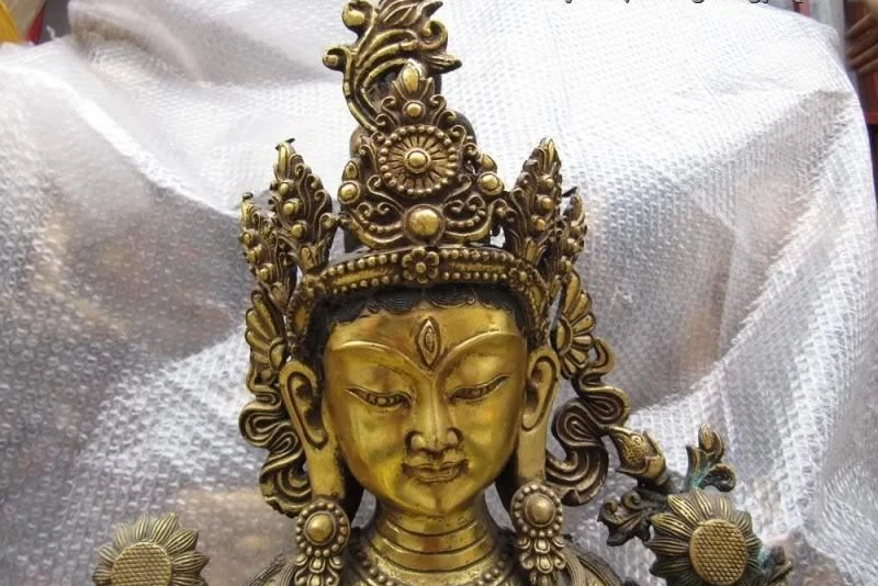 Тибетский буддийский Бронзовый бронзовая позолота Белая Тара Bodhisattva Kwan-Yin статуя Будды