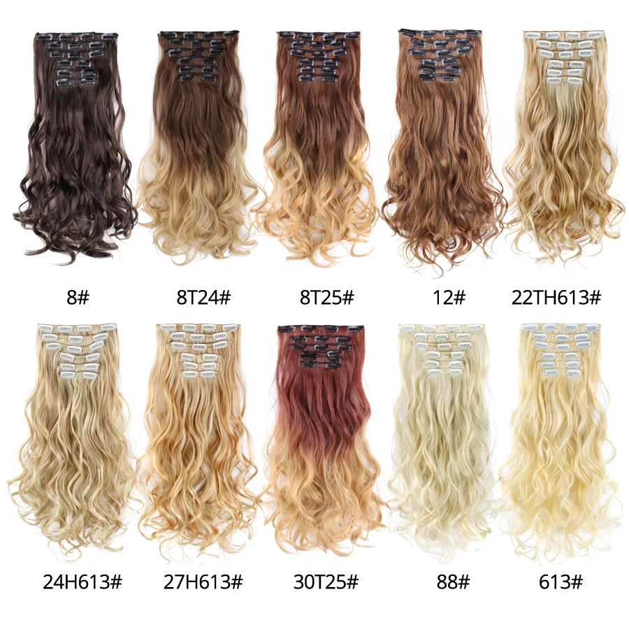 Leeons-extensões de cabelo longas retas sintéticas com clip, fibra de alta temperatura, peruca preta e marrom, 16 clipes
