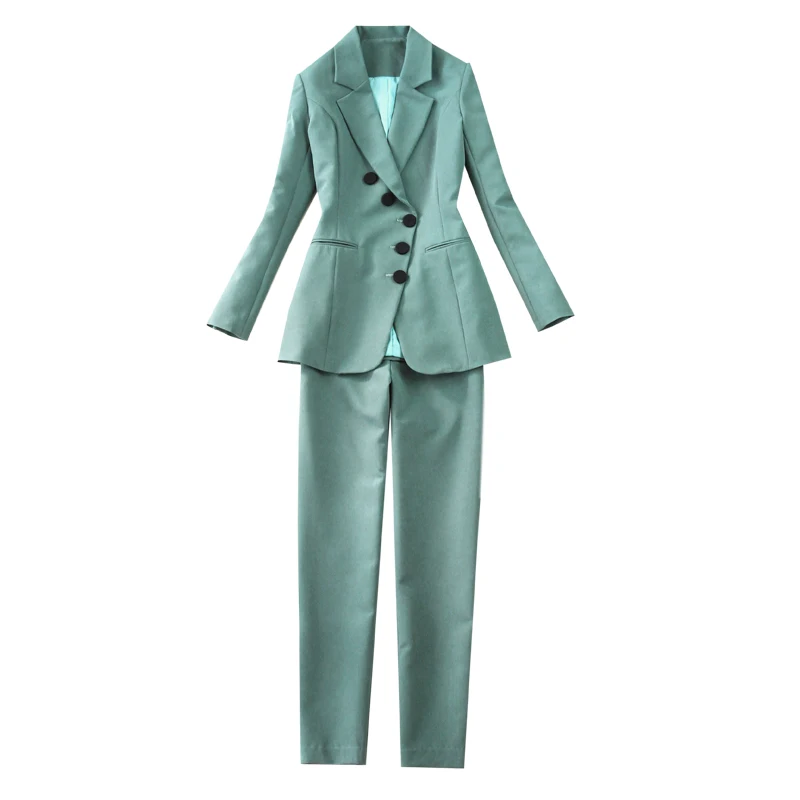 women's spring summer autumn winter OL Slim mid-length gray green blazer+ trousers pants set ladies office elegant pants suit