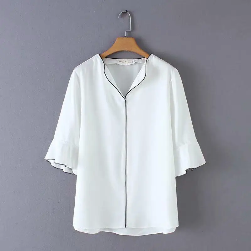 

Plus size Koreaanse stijl streep vrouwen blouse slim zwart wit half mouw vrouwen zomer tops