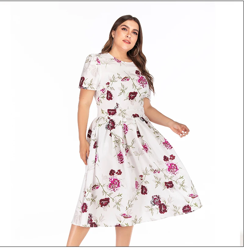 S.FLAVOR Fashion Printing Dress Vintage Style Women O-neck Short Sleeve A-line Dress Slim Retro Midi Dresses Plus Size